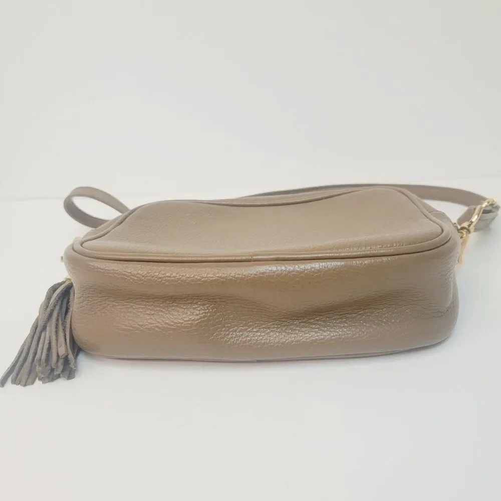 Genuine Leather Made in Italy Taupe Pebbled Crossbody Camera Bag Tassel Gold